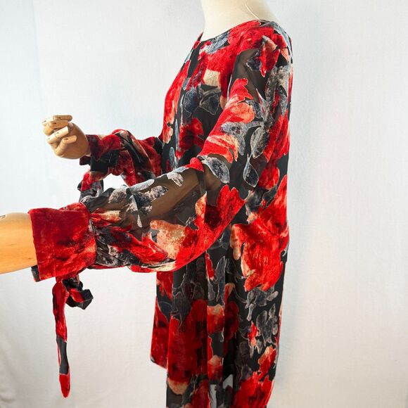 Neiman Marcus | Flocked Velvet Red and Cream and Black Dress | Sz 12 - Picture 2 of 14